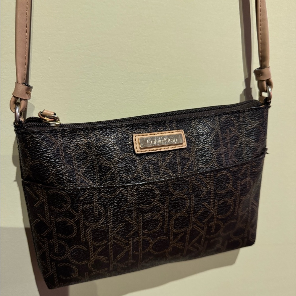 Calvin Klein Dark Brown Monogram Crossbody Bag with Tan Strap